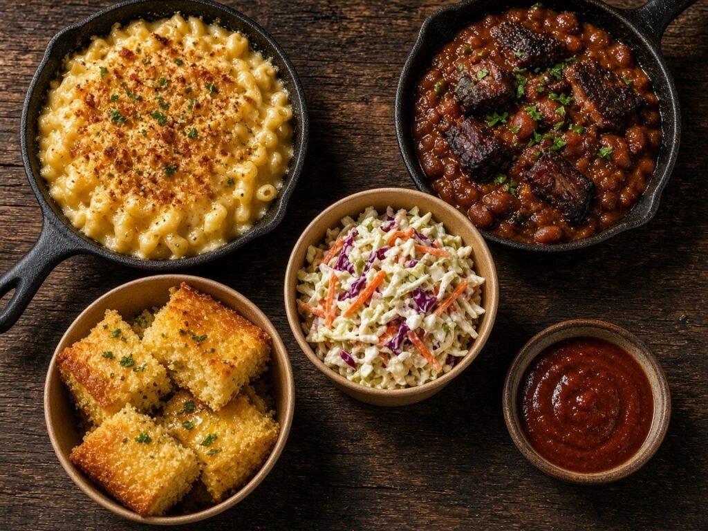 Mac and cheese, burnt-end baked beans, coleslaw, cornbread and barbecue sauce