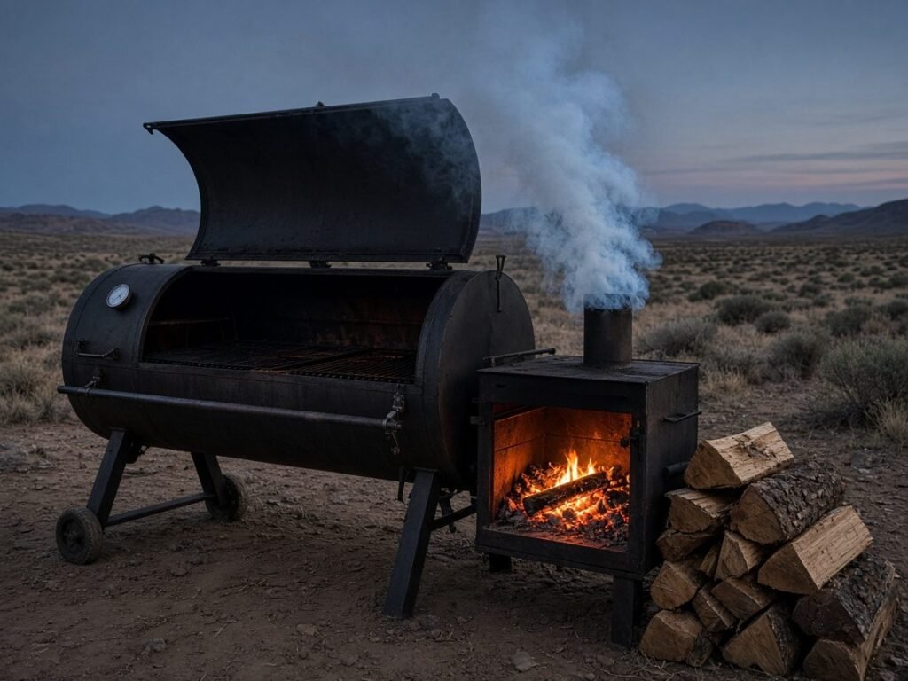 Black offset barbecue smoker with glowing embers and wood smoke at dusk in the high desert