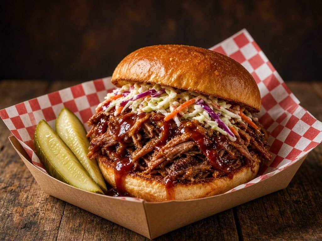 Pulled pork sandwich on a toasted brioche bun with barbecue sauce, slaw and pickle spears