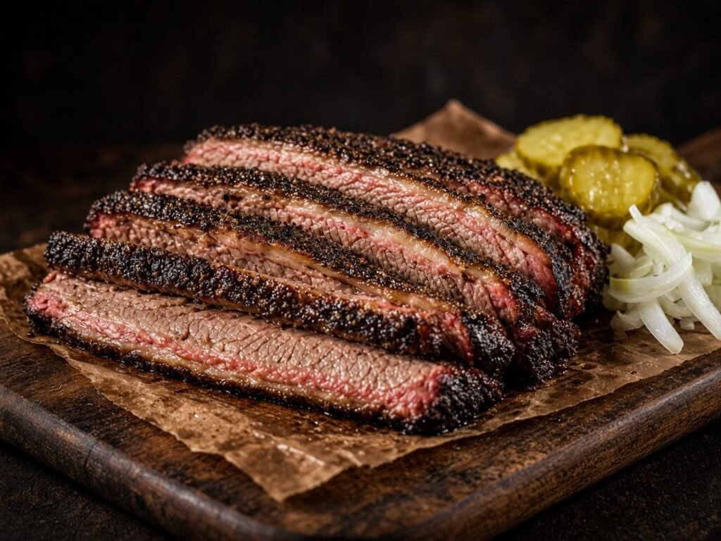 Slices of smoked beef brisket with a peppery bark and pink smoke ring on butcher paper