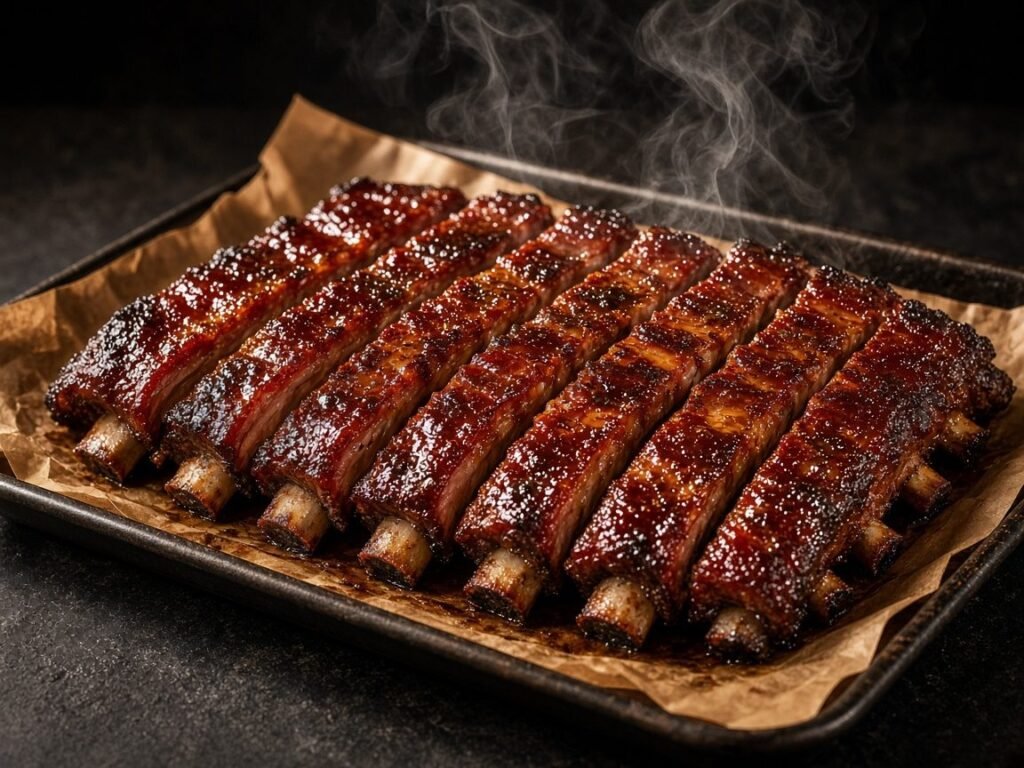 Glazed smoked pork spare ribs sliced on a butcher-paper-lined tray